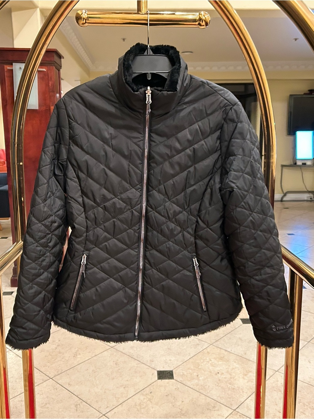 Free Country Black Quilted Puffer Jacket with Faux Fur Trim